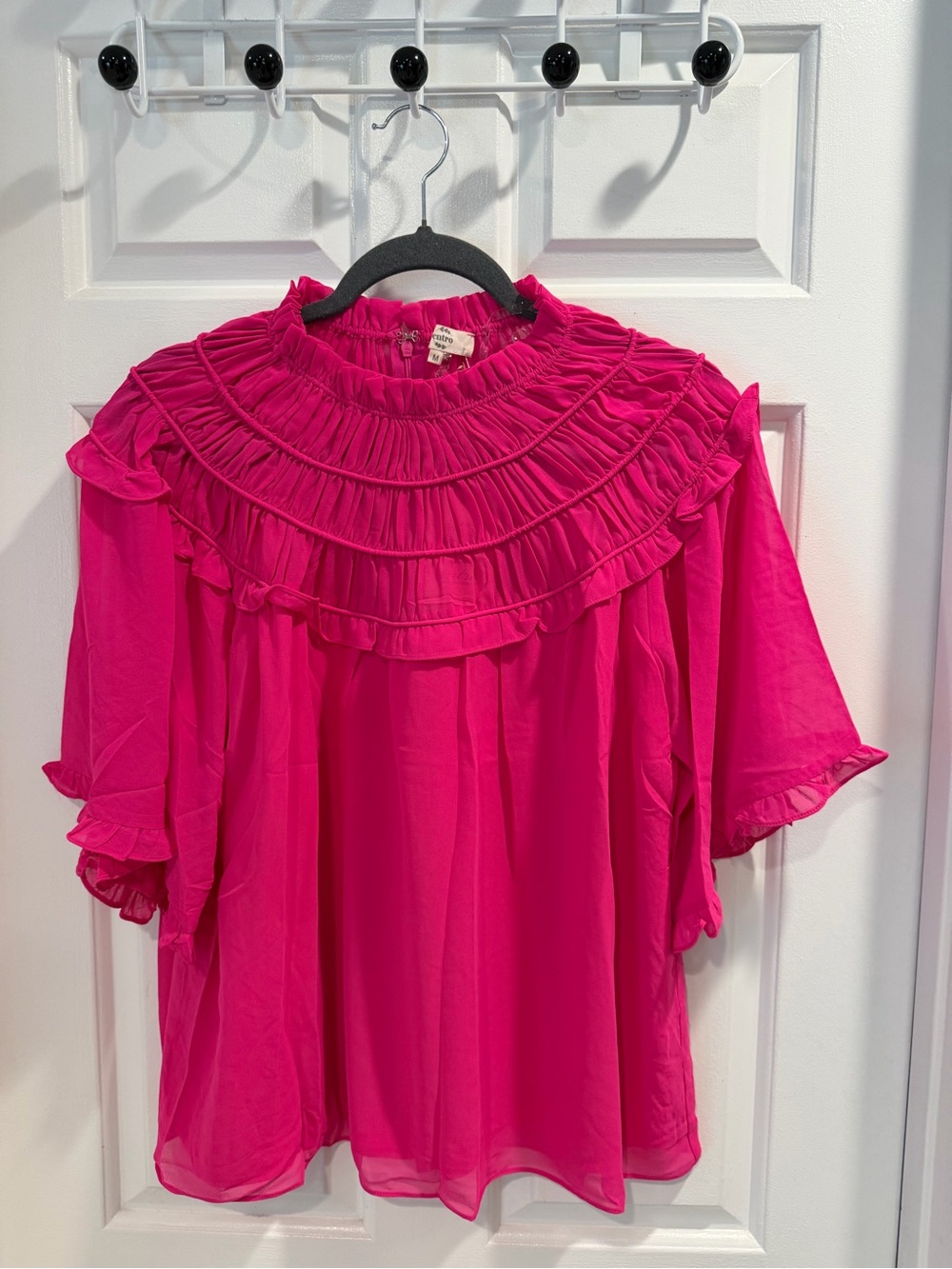NWT entro Boutique Hot Pink Ruffled Yoke Blouse Sz S & M